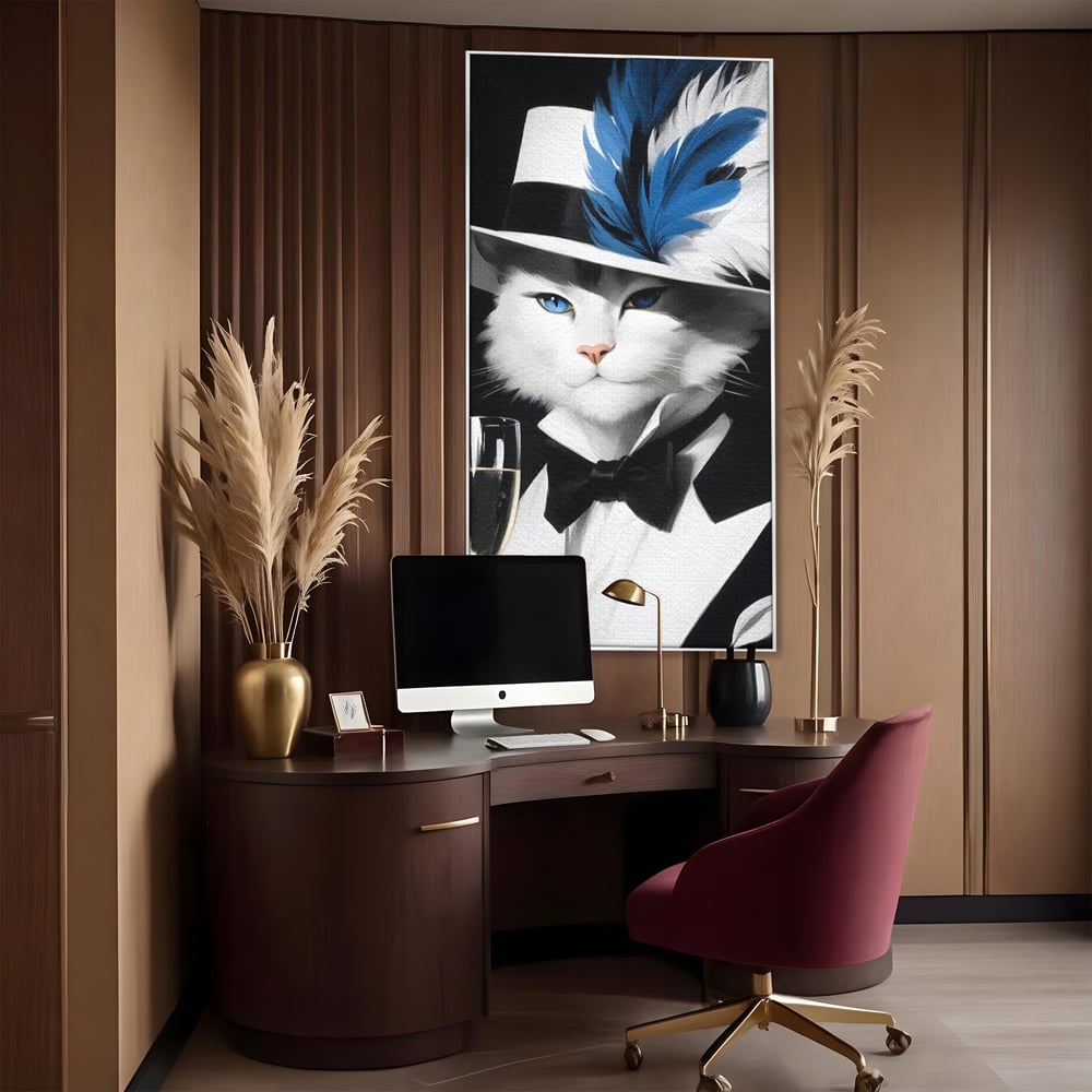 Tablou canvas cu tablou canvas cu pisica aristocrata in costum, in rama de aluminiu argintiu, pe perete intr-un birou